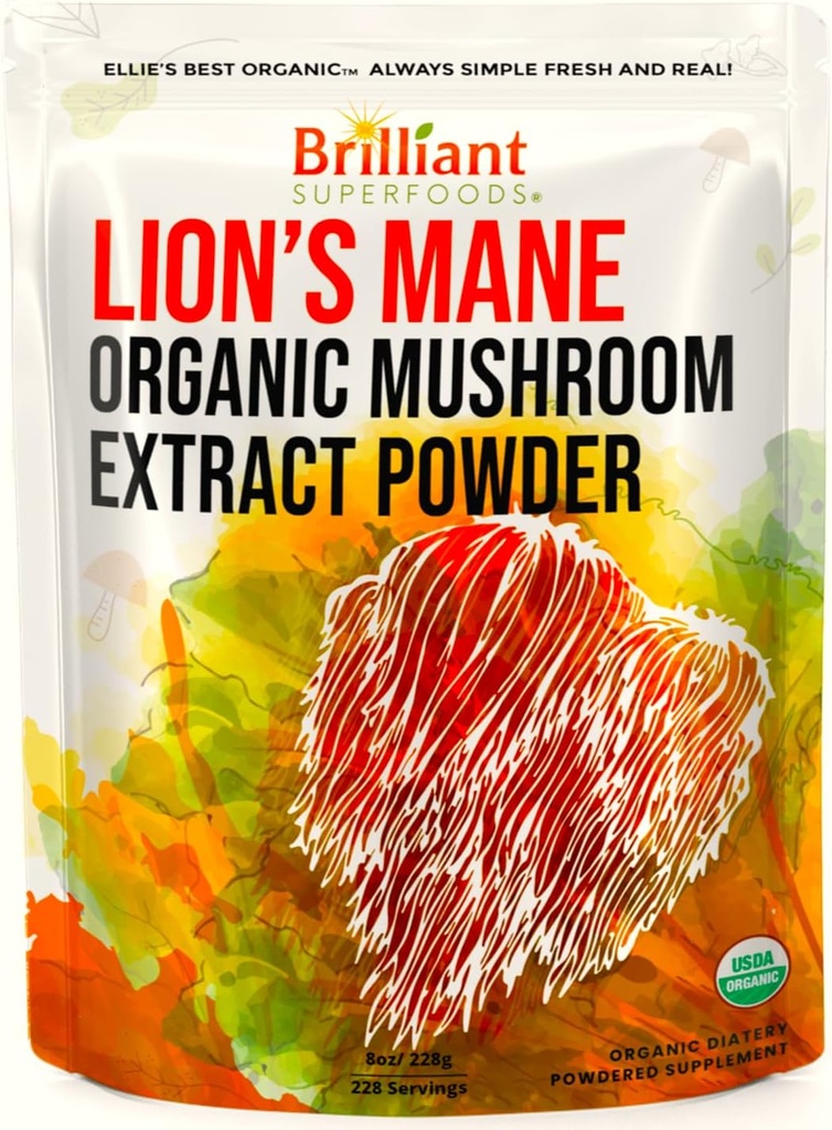 Ellie's Best Lions Mane Mushroom Extract Powder Supplement Organic 228 Servations - Double Extracted for Highest Potency - Lost op in koffie, thee, sap etc. 8oz