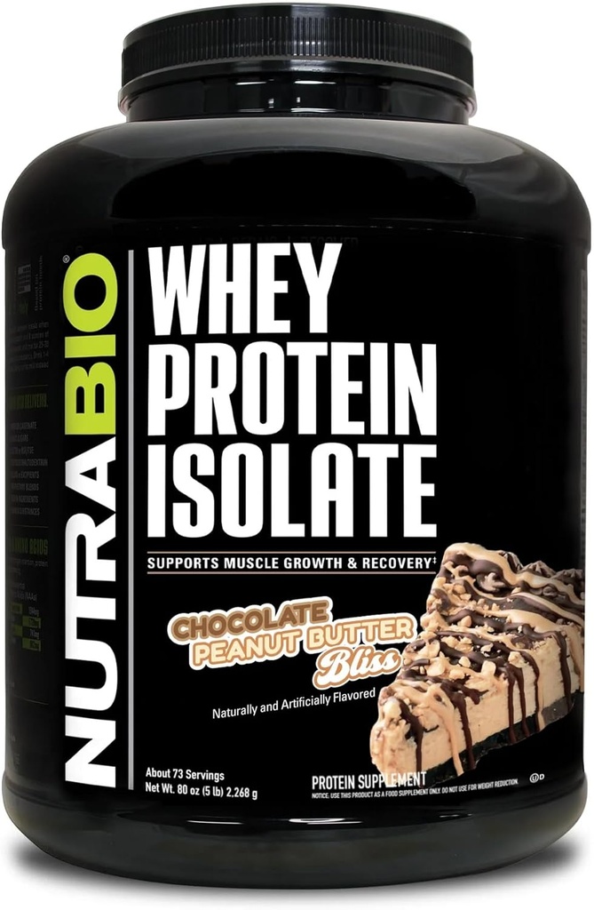 NutraBio 100% Whey Protéine Isolée Poudre Protéine, 25g Protéine avec Profil Acid Amino Complete, Non-OGM, Sans soja et sans gluten, Faible Carbure, Faible Calorie Poudre Protéine Whey, Beurre d'arachide au chocolat, 5 Lbs