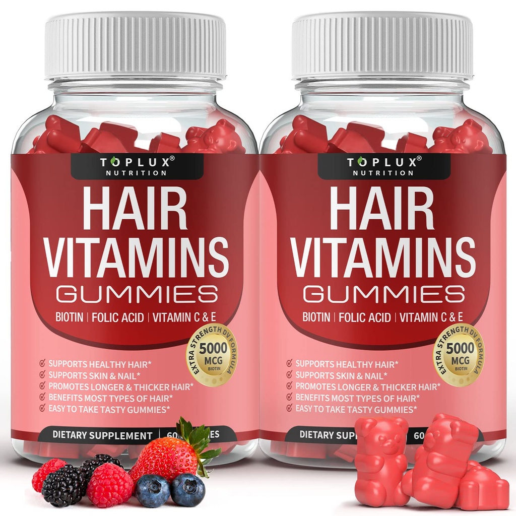 Hair Vitaminen Gummies supplement Sneller haargroei Gummie 5000mcg Biotine, Foliumzuur, Vitamine C & E, Ondersteuning Sterker & dik haar, huid, nagels, niet-GMO, voor mannen Vrouwen, 60 Berry Flavored Gummies