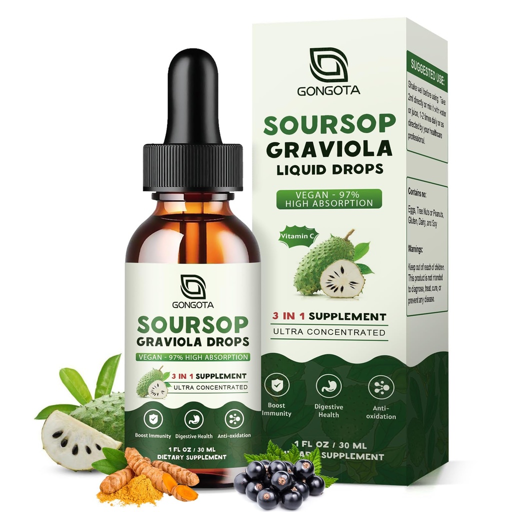 Soursop Graviola Liquid Drops, Biologische Soursop Bitters met Vlierbessen & Kurkuma voor Cellular, Immune, Digestieve Ondersteuning, Kruidenextracten, Suikervrij / Glantenvrij - 1 fl oz