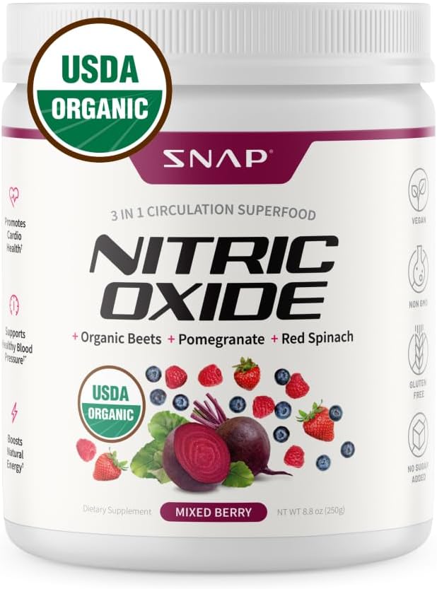 Snap Supplementen USDA Organic Beet Root Powder, 3-in-1 Nitric Oxide Supplement, Ondersteuning gezonde bloeddruk en bloedcirculatie, 250g (Mixed Berry)