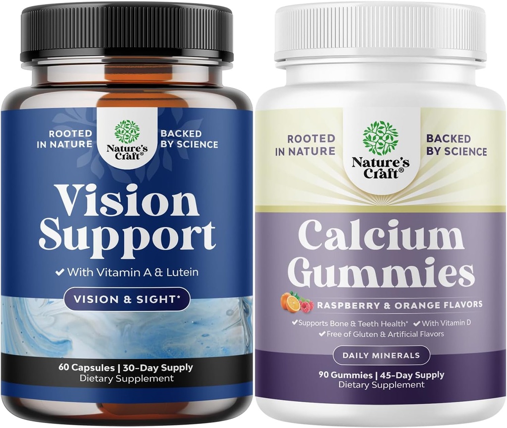 Bundel van Complete Eye Health Supplement voor volwassenen voor het zicht Droge Ogen Druk en Blauw Licht Bescherming en Hoge Absorptie Calcium Gummies voor Vrouwen voor Bot Gezondheid en Immuun Ondersteuning