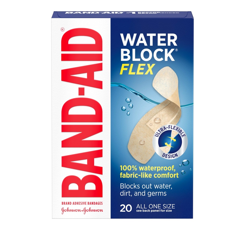Band-Aid Brand Waterblock Flex 100% waterdichte hechting Bandages voor eerste hulp Wound Care of Minor Cuts, Scrapes & Wounds, Ultra-Flexible Design, Steriel, Allen One Size, 20 ct