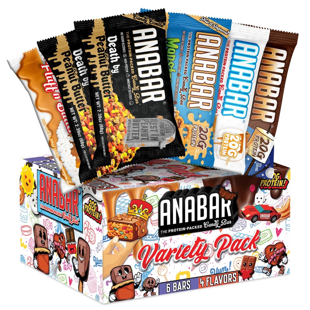 Anabar Protein Bar, The Sampler Pack, The Proteine-Packed Candy Bar, 's werelds beste Proteïneproeverij Bar, Geen Suiker Alcoholen, Hoog Proteïne, Verbazingwekkend Heerlijk, 20 Gram Proteïne (6 Bars, Originele Variëteit)