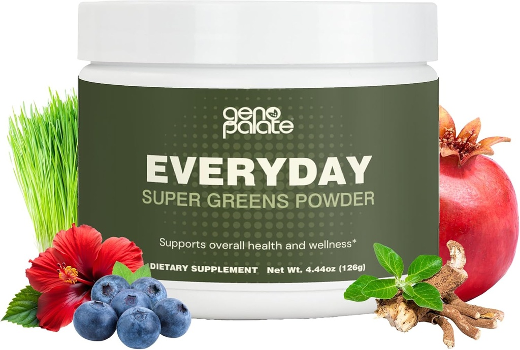 GenoPalate Everyday Super Greens, plantaardige voedingsstoffen met gerstgras, Spirulina, Kurkuma & Probiotica, ondersteunt energie, spijsvertering, antioxidanten & Stress, Veganistisch, Glutenvrij, Non-GMO, 30 porties