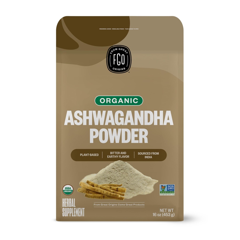 FGO poudre de racine biologique Ashwagandha, 16oz sac en vrac refermable, non-OGM, ginseng indien, Withania Somnifera, provenant de l'Inde (paquet de 1)