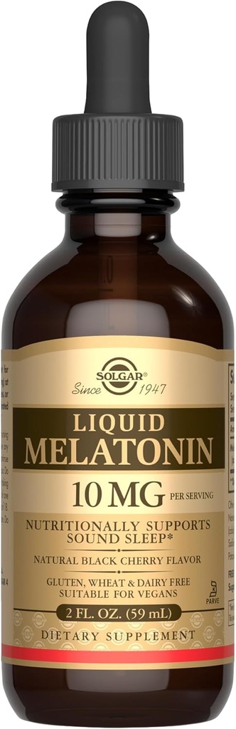 SOLGAR Melatonine liquide 10 mg, saveur de cerise noire naturelle - 2 fl oz - Idéal pour Jet Lag - Vegan, sans gluten et sans laiterie, casher - 59 portions
