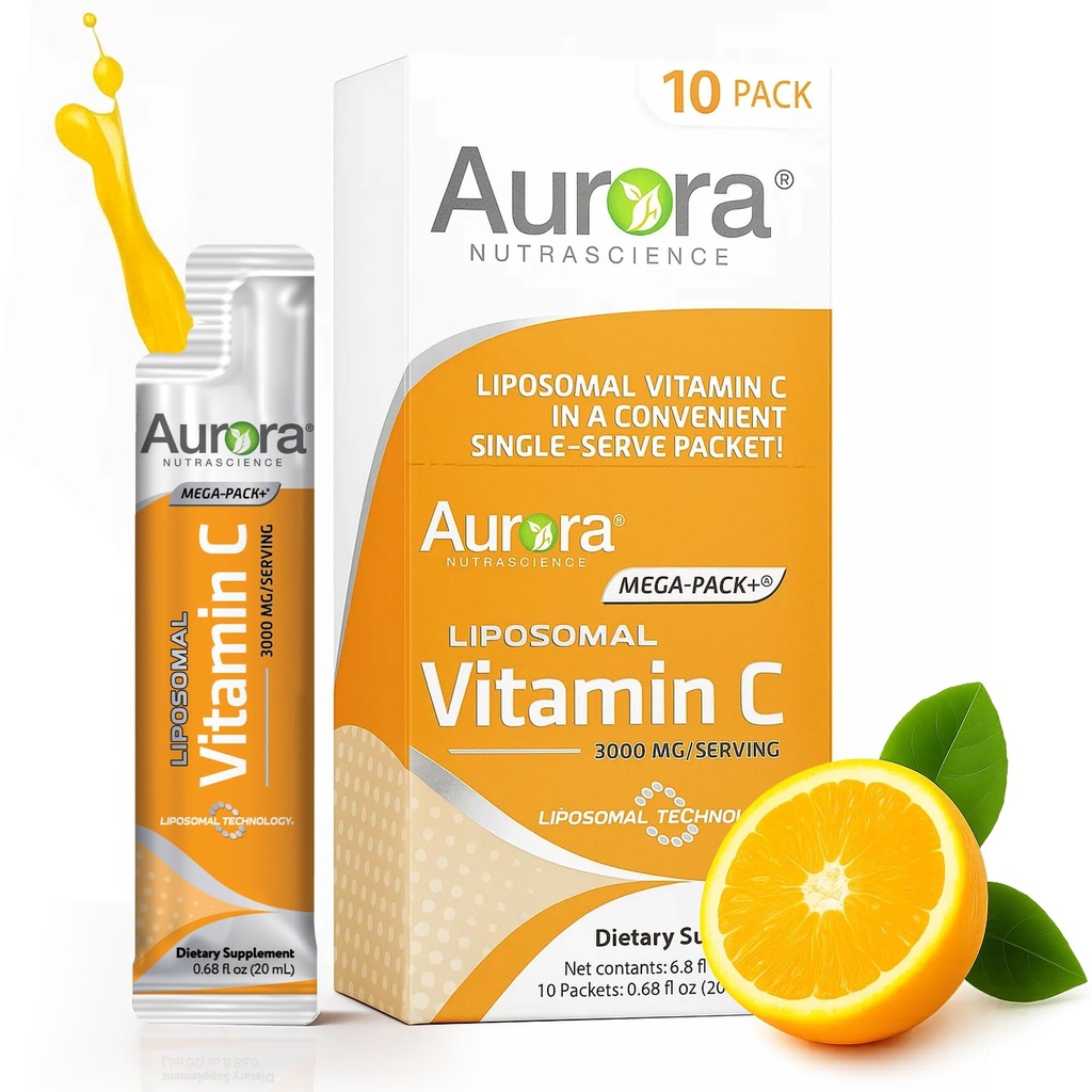 Aurora Nutrascience Mega-Pack Liposomale Vitamine C, Immune Support, 3.000 mg Per Serving, Vegan, Glutenvrij, Niet-GMO, 10 Single Serve Packets, Oranje