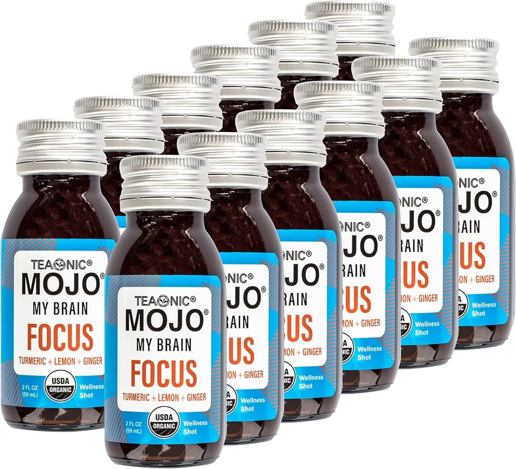 TEAONISCH My Brain Mojo: Focus Wellness Shots - USDA-Certified Vegan Formula met Ginkgo Biloba, Gember, Kurkuma - 12 flessen x 2 Fl Oz Elke - Glutenvrij, Non-GMO