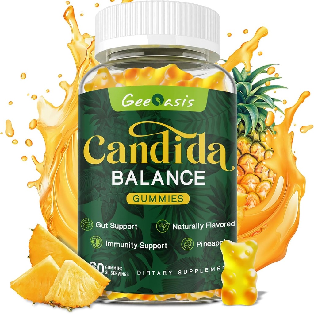 Candida Support Oregano Oil Gummies, Candida Cleanse Detox Supplement voor vrouwen & Mannen, Ondersteuning Gut Health & Immune Support, Natuurlijke Ananas smaak, 60 Tellen