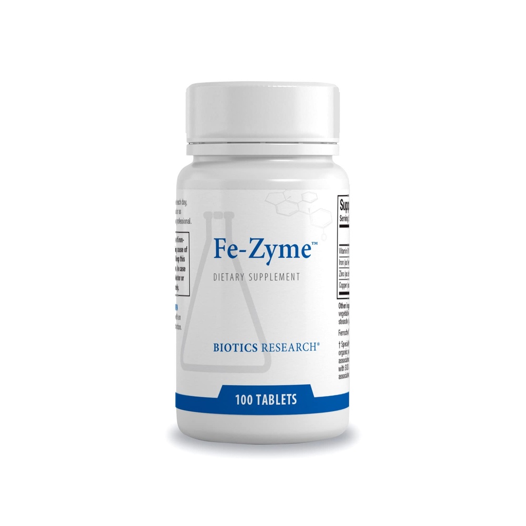 Recherche en biotique Fe-Zyme 25 Milligramme de fer, Zinc et cuivre ajoutés, soutient la production normale de globules rouges, niveaux d'énergie sains 100 comprimés