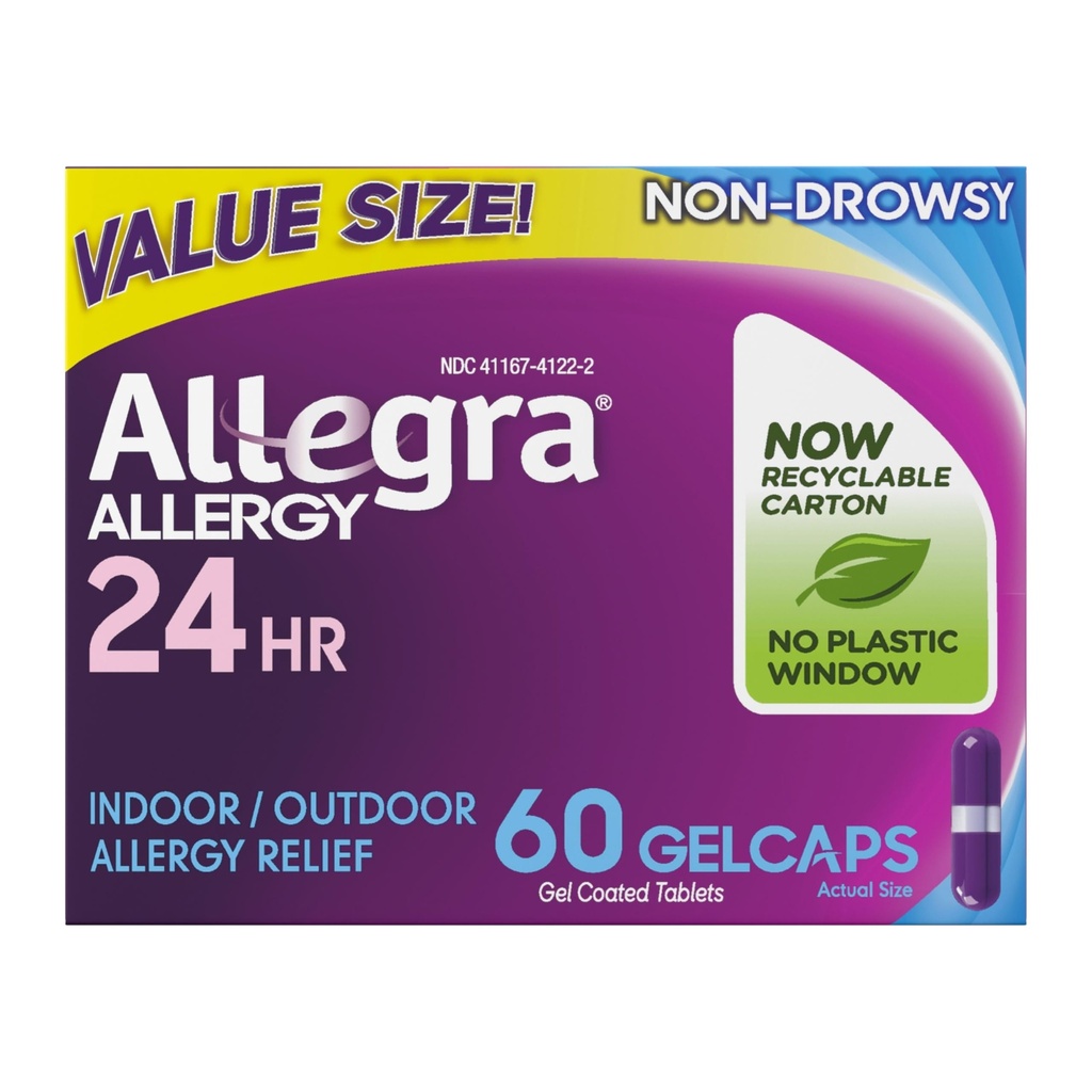 Allegra Adult 24-Hour Allergie Relief Gelcaps, Non-Drowsy Indoor and Outdoor Allergie Medicine, 180 mg Fexofenadine HCI Antihistamine Pill, 60-Count