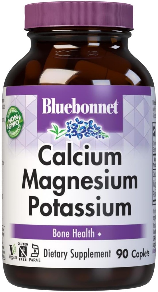 Bluebonnet Calcium Magnesium Potassium Supplement for Women & Men - Supports Healthy Bones - Calcium 1000mg Mineral Supplement Chelate Form - Non-GMO, Vegan, Gluten-Free – 90 Caplets