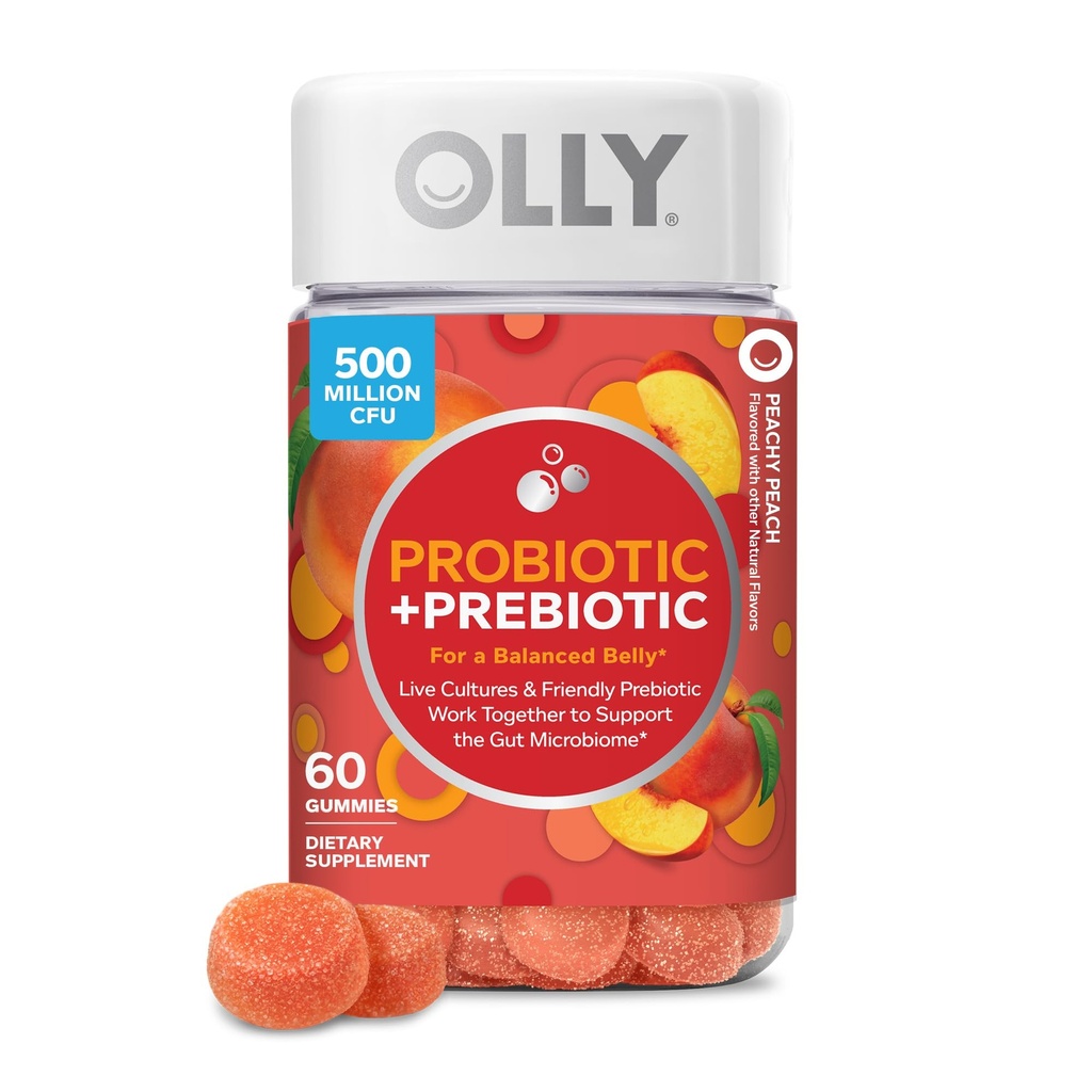 OLLY Probiotic + Prebiotic Gummy, Digestive Support and Gut Health, 500 Miljoen CFUs, Vezel, Adult Chewable Supplement voor mannen en vrouwen, Perach, 60 Day Supply - 60 Tellen
