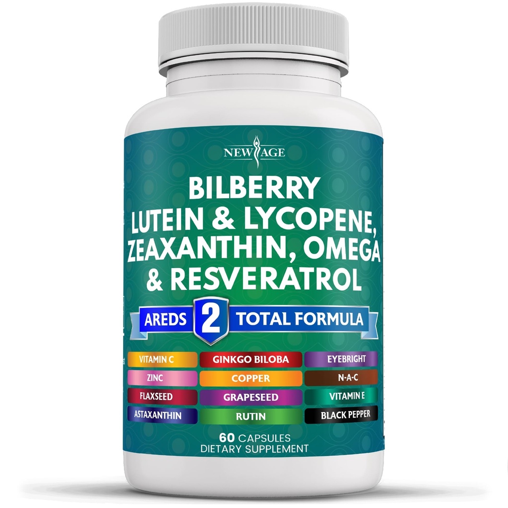NIEUWE AGE Ooggezondheidsvitaminen met bosbes luteïne en zeaxanthine Lycopeen Resveratrol Grape Seed Astaxanthine - Eye Vitamin - 60 Tel.
