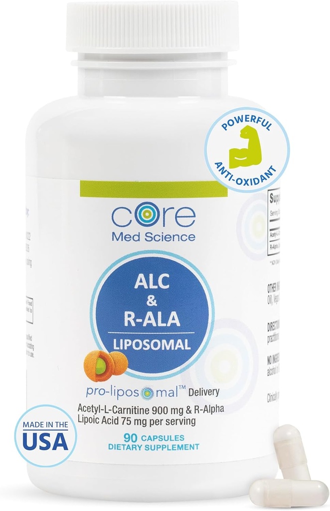 Core Med Science Liposomal ALC & R-ALA Supplement Capsules - Acetyl-L-Carnitine (900mg) & R-Alpha Lipoïnezuur (75mg) - Bevordert energie en focus - Ondersteunt geestelijke functie en geheugencognition (90 telling)