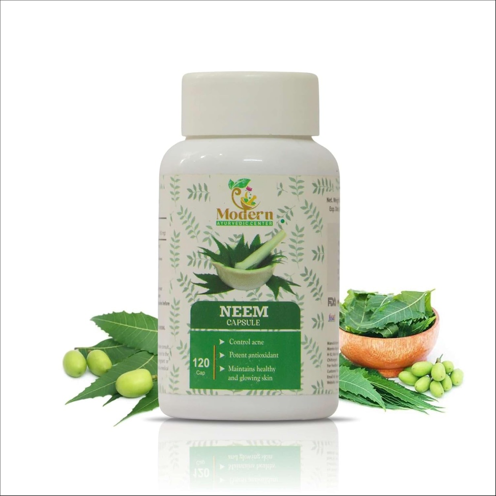 Centre ayurvédique moderne Neem biologique 120 capsules soutient le contrôle de l'acné, la protection antioxydante, la peau saine et glamour Neem pur (Azadirachta Indica) Supplément pour le bien-être naturel
