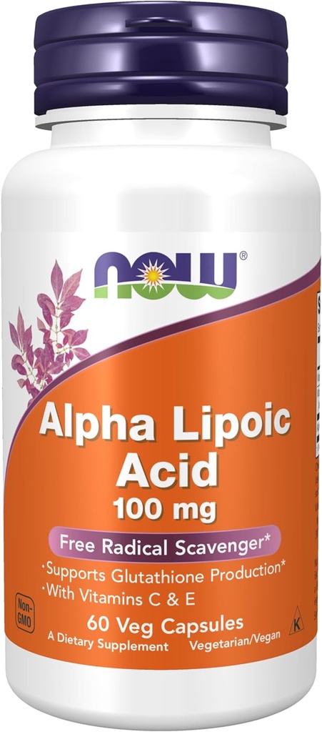 NOW Voedingssupplementen, Alpha Lipoïnezuur 100 mg met vitamine C & E, Gratis Radical Scavenger*, 60 Veg Capsules