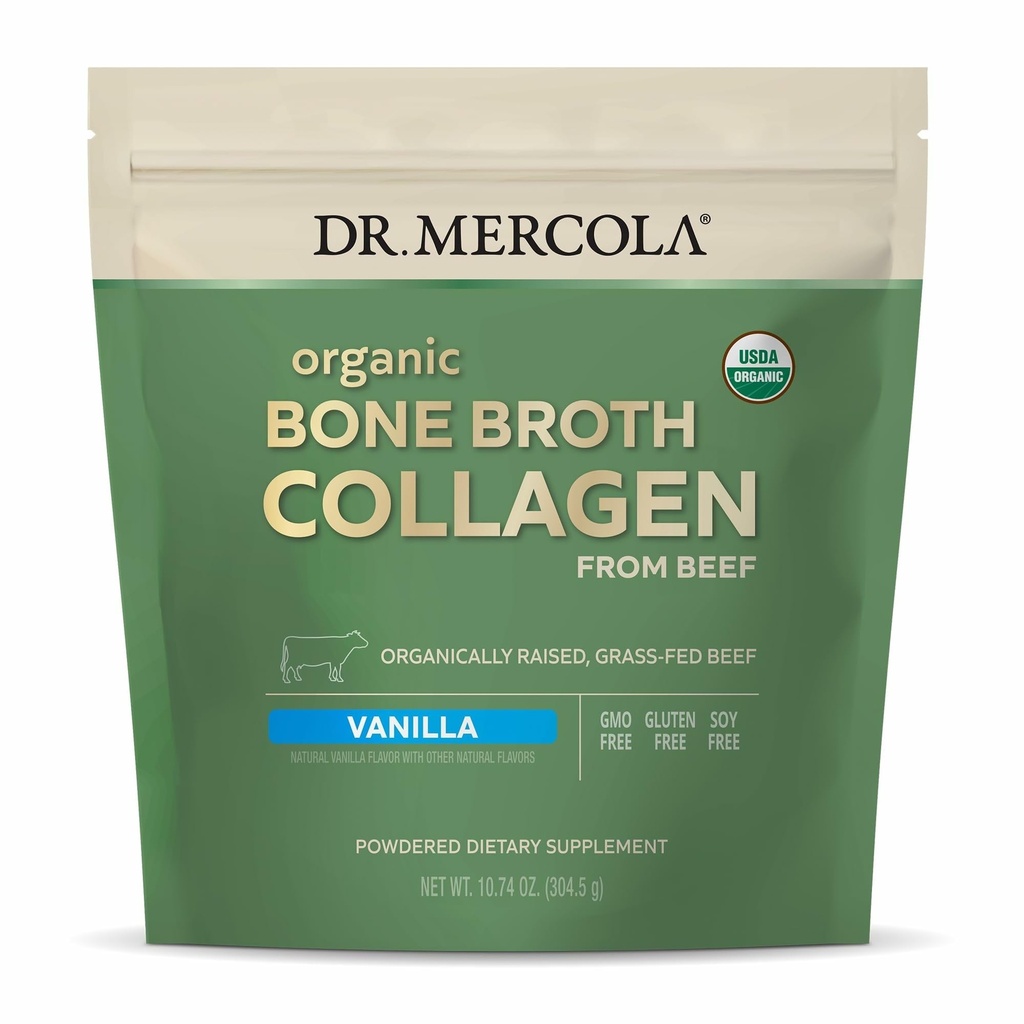 Dr. Mercola Bio Bone Broth Poudre de collagène - Soutient la santé des os et la croissance musculaire - USDA Organique, non-OGM, sans gluten et sans lait - 30 portions - Vanilla Flavor