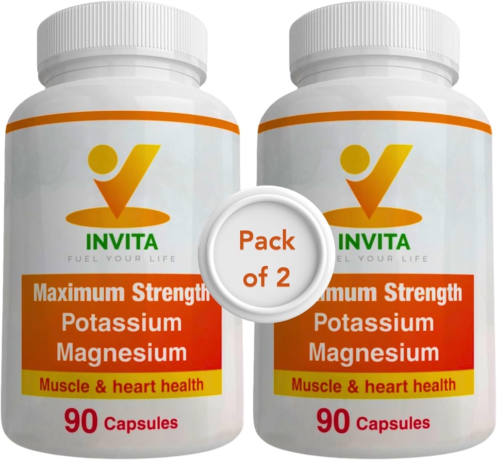 Invita Potassium Magnesium Supplement (180 Capsules) High Absorption Potassium Magnesium Complex with Aspartate & Chloride - Supports Cardiovascular, Muscles & Nerve Health - Non GMO & Gluten Free