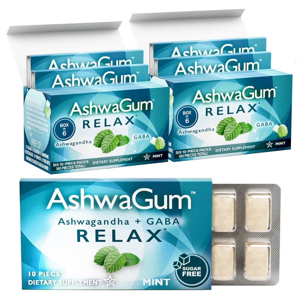 AshwaGum RELAX Gum by BetterGum, High Potency Supplement met KSM 66 Ashwagandha en Gaba, Ondersteunt stress en spanningsreliëf, Alternatief voor Gummies, Sugar-Free, Pack van 2