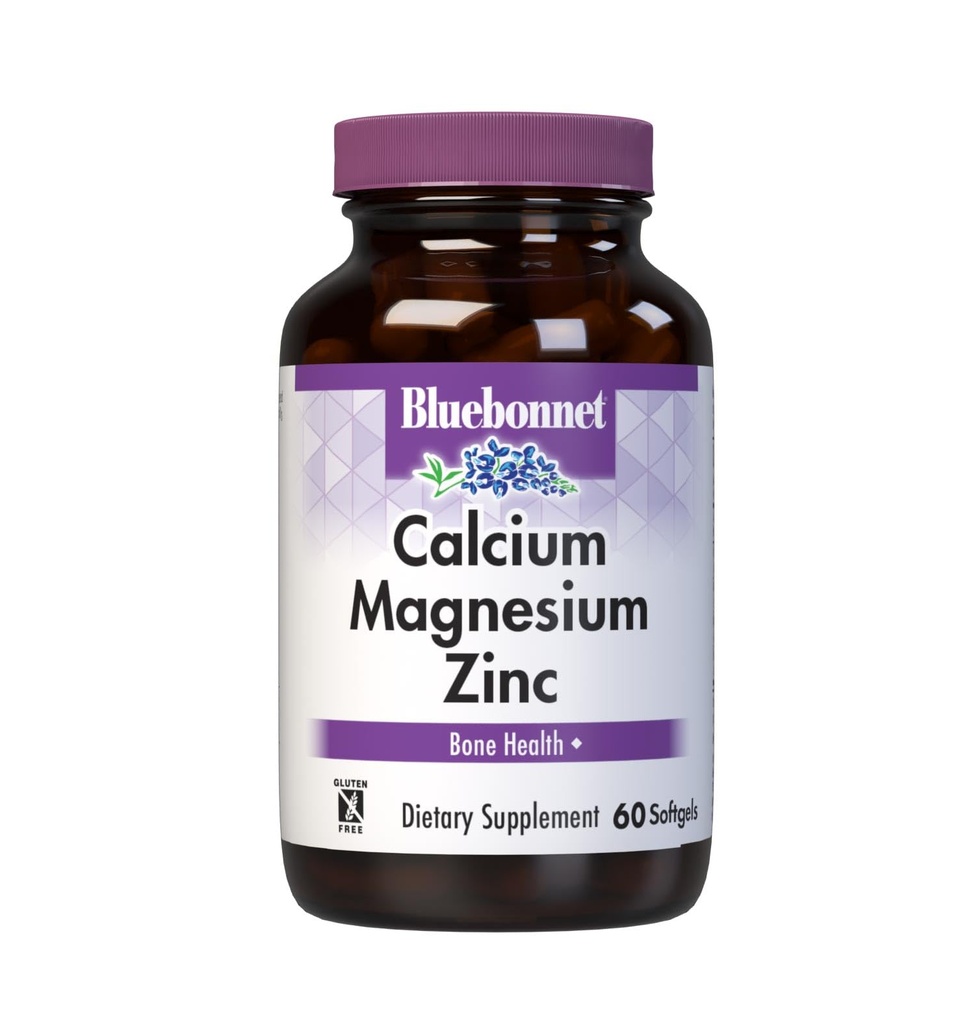 Bluebonnet Voeding Calcium Magnesium Zink Plus Vitamine D3, 1000 mg Calcium, 500 mg Magnesium en 15 mg Zink, 400 IE Vitamine D3, Voor Sterke Gezonde Bones*, Glutenvrij, Dairy Fee, 60 softgel