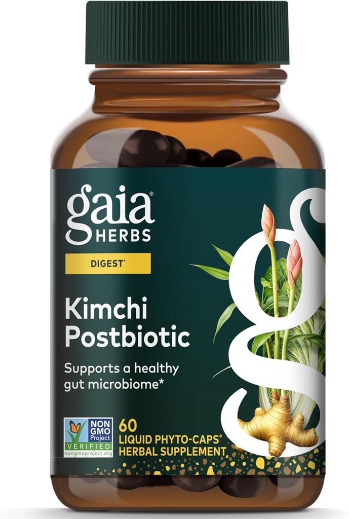 Gaia Kruiden Kimchi Postbiotic - Natuurlijke spijsverteringssupplement voor Gut Health - Gemaakt met biologische gefermenteerde Kimchi - Vrij van zuivel, soja & Gluten - 60 Vegan Capsules (30 porties)