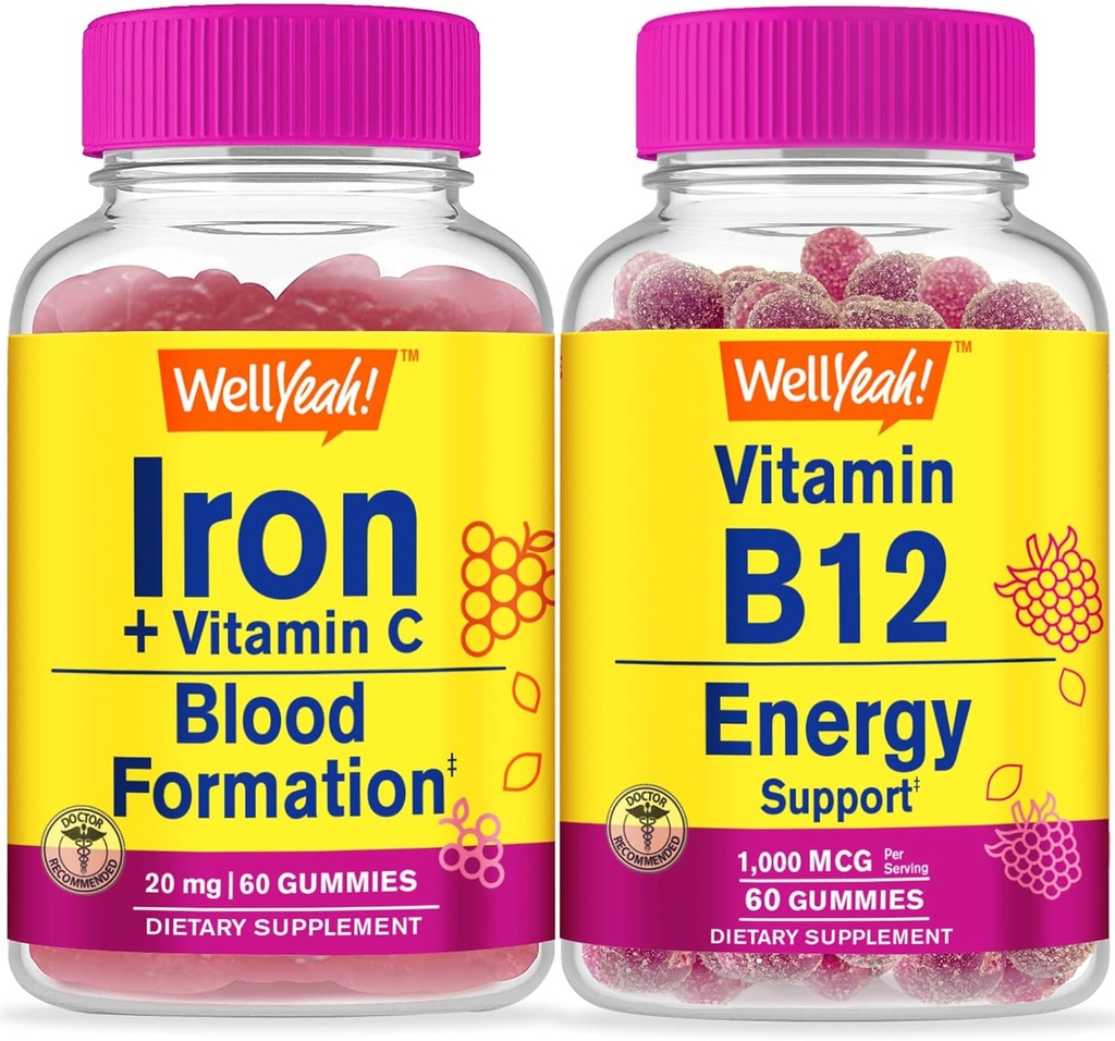 WellYeah Iron+Vitamine C + Vitamine B12 1000mcg, Gummies Bundle - Grote Proeverij, Vitamine Supplement, Glutenvrij, GGO-vrij, Kauwgom
