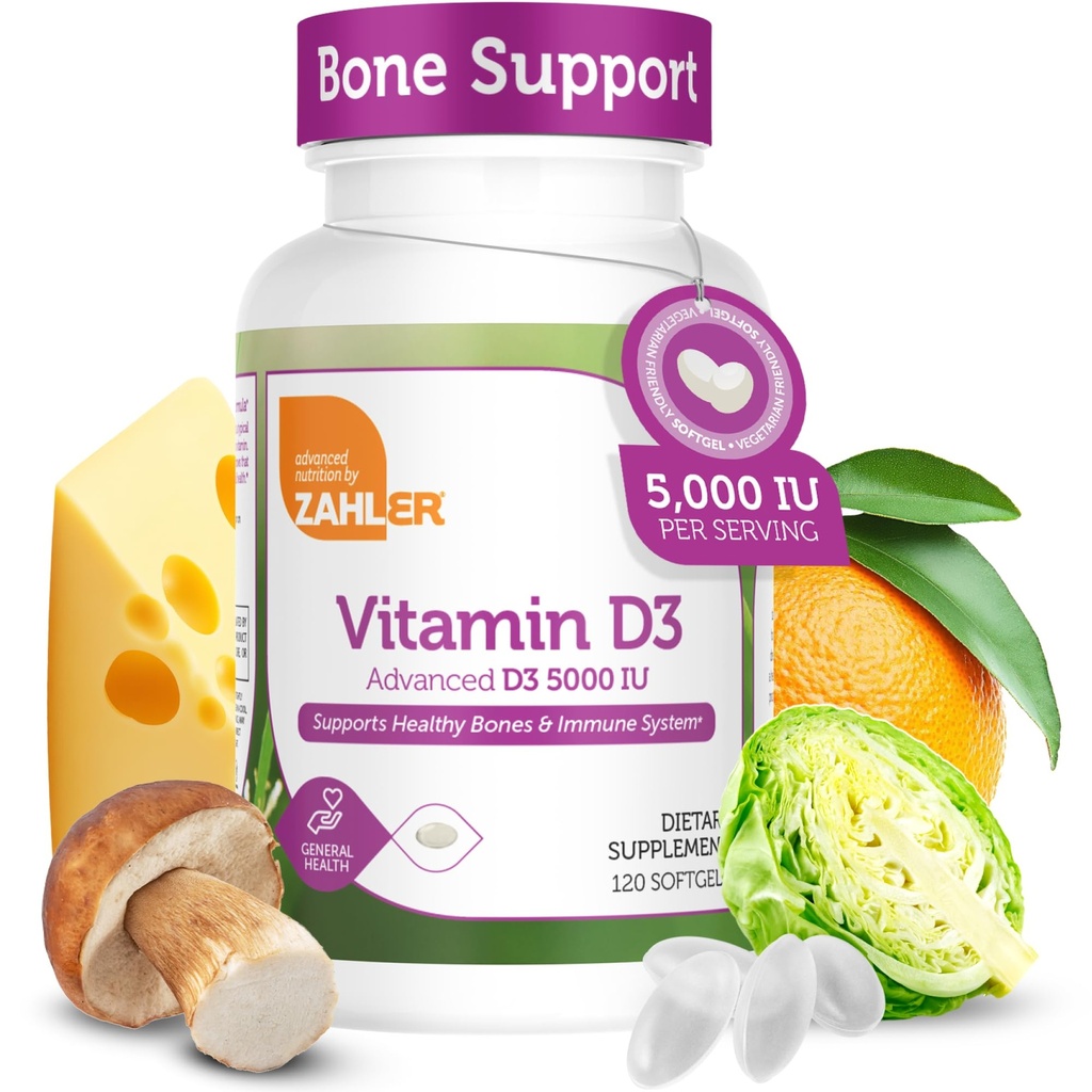 Zahler - Vitamine avancée D3 5000 UI Softgels (120 comte) Kosher Végétarien Végétarien Vitamine D pour le soutien immunitaire, os, dents et santé musculaire - Supplément Vitamine quotidien D3 pour adultes - Easy Swallow V