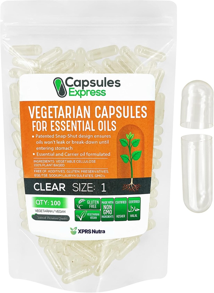 XPRS Nutra Maat 1 Lege Vegan Capsules - 100 Tel Clear Veggie Capsules voor de meest essentiële oliën - Lege plantaardige pillen - DIY Olievulling