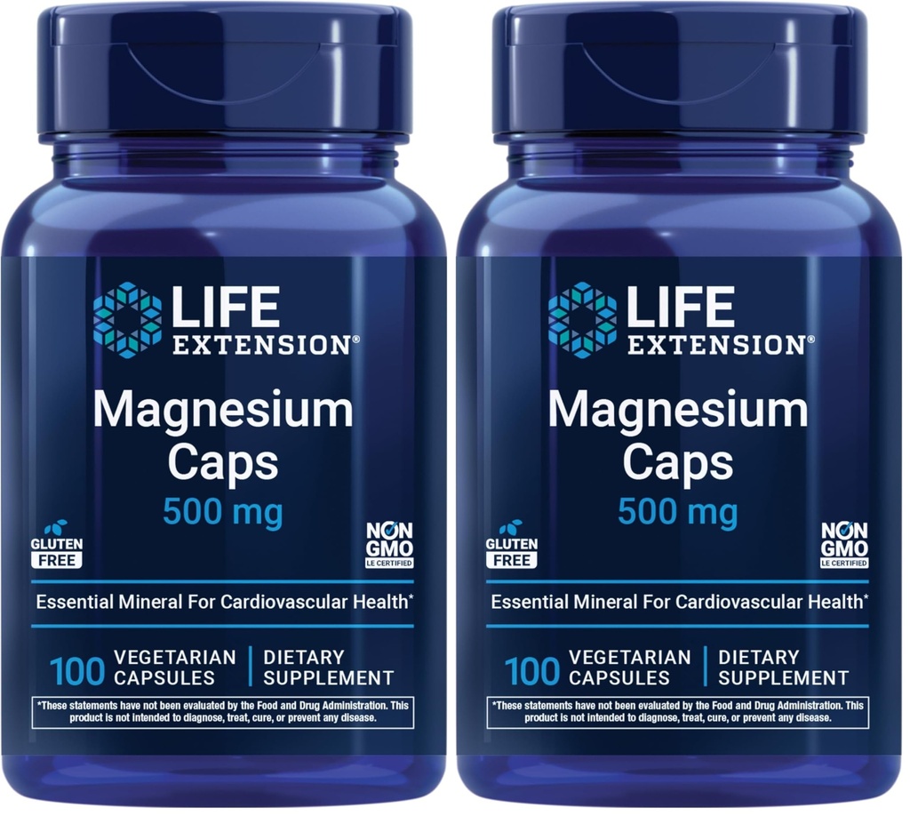 Levensverlenging Magnesiumcaps, 500 mg, Magnesiumoxide, Citrate, Succinaat, Hart Gezondheid, Gezonde Bones, Metabolisme Ondersteuning, 100 Vegetarische Capsules (pakket van 2)