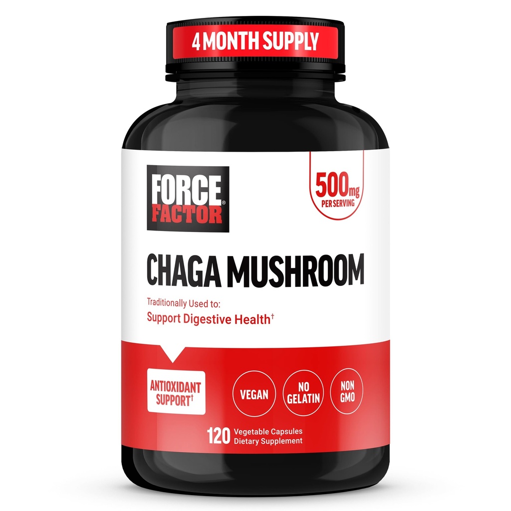 FORCE FACTOR Chaga Paddenstoelen Capsules, Paddestoelensupplement ter ondersteuning van Gut Health en Digestie, Gemaakt van Real Paddestoelen, Vegan, Non-GMO, 120 Capsules