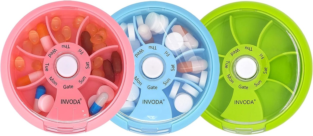 INVODA Weekly Pill Organizer 7 Compartiment Pill Box rotative pour les médicaments quotidiens et les vitamines - Portable Travel Pill Case Suppléments d'huile de poisson Vitamines Organizer (Pink+Sky Blue+Green)