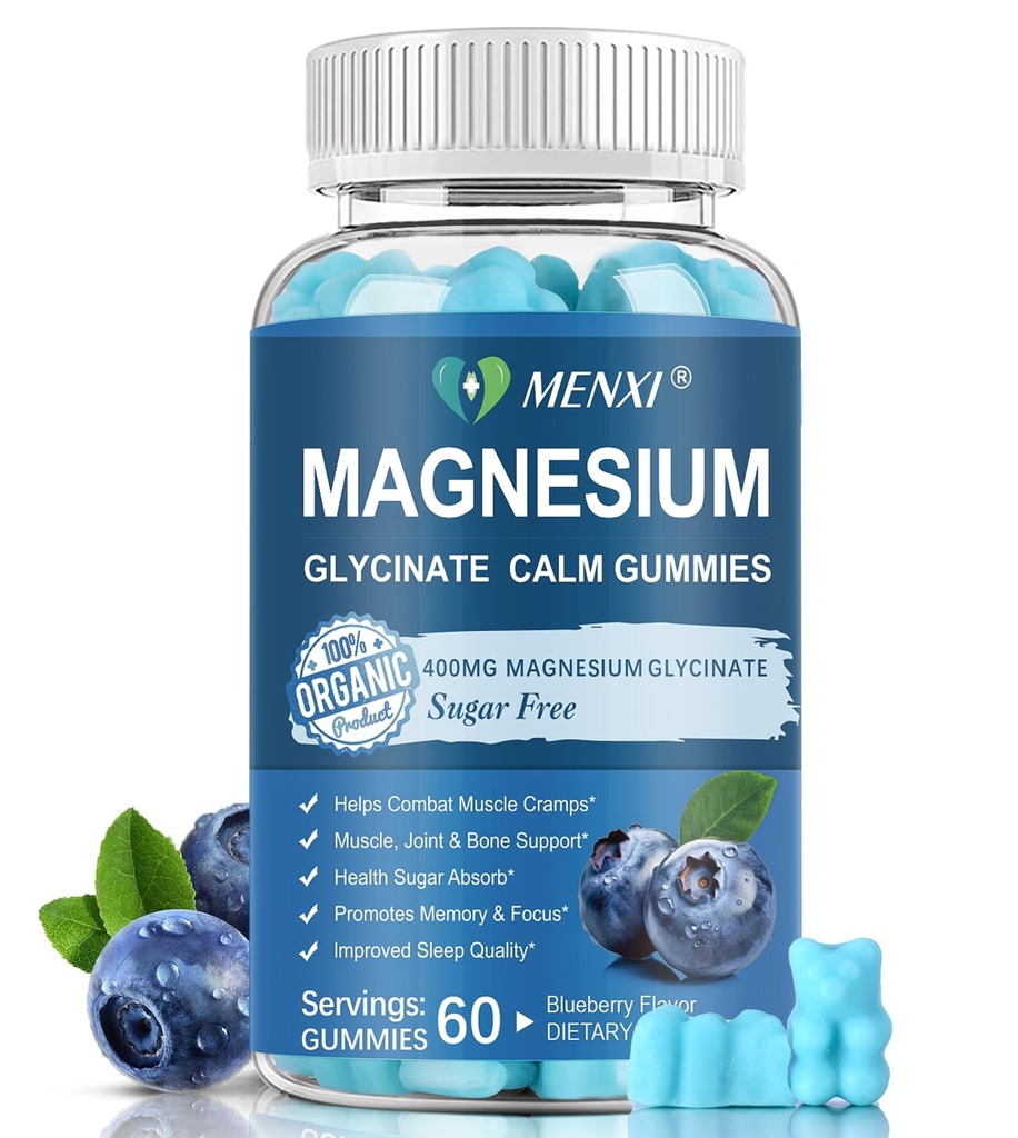Magnesium Gummies 600mg per Serving-Magnesium Glycinate 400mg en Magnesium Malate 200mg, Sugar Free Magnesium Kalium Supplement voor Kalm Mood, Spier, Bot & Slaap Ondersteuning,60 Blueberry Gummies