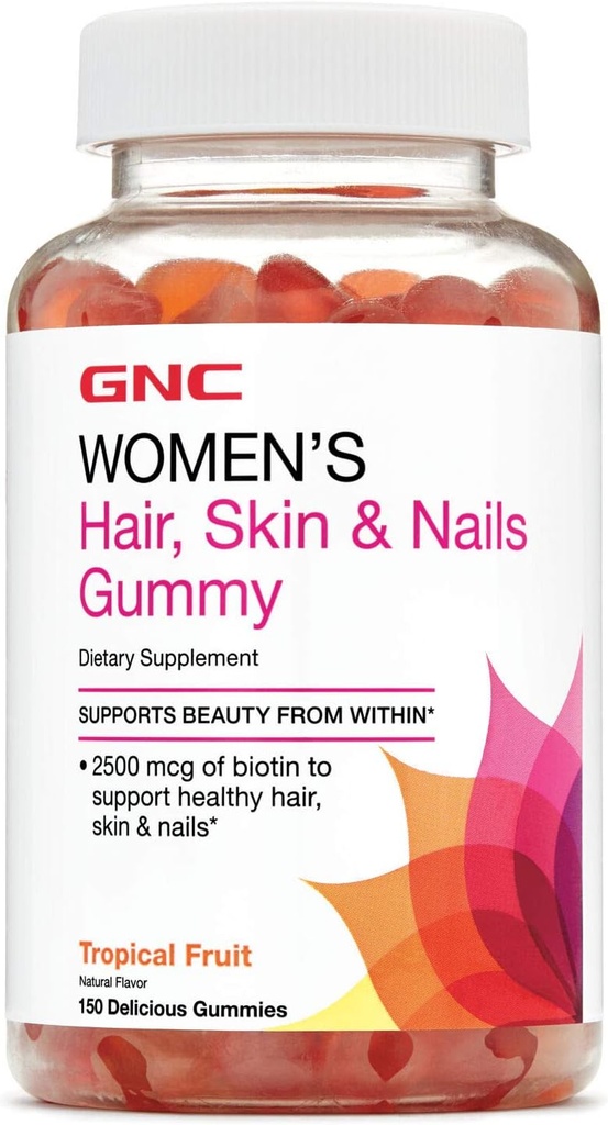 GNC Vrouwenhaar, Huid & Nagels Gummy - Tropische Fruit, 150 Gummies, Bevat Biotine voor sterk en gezond haar, huid en nagels