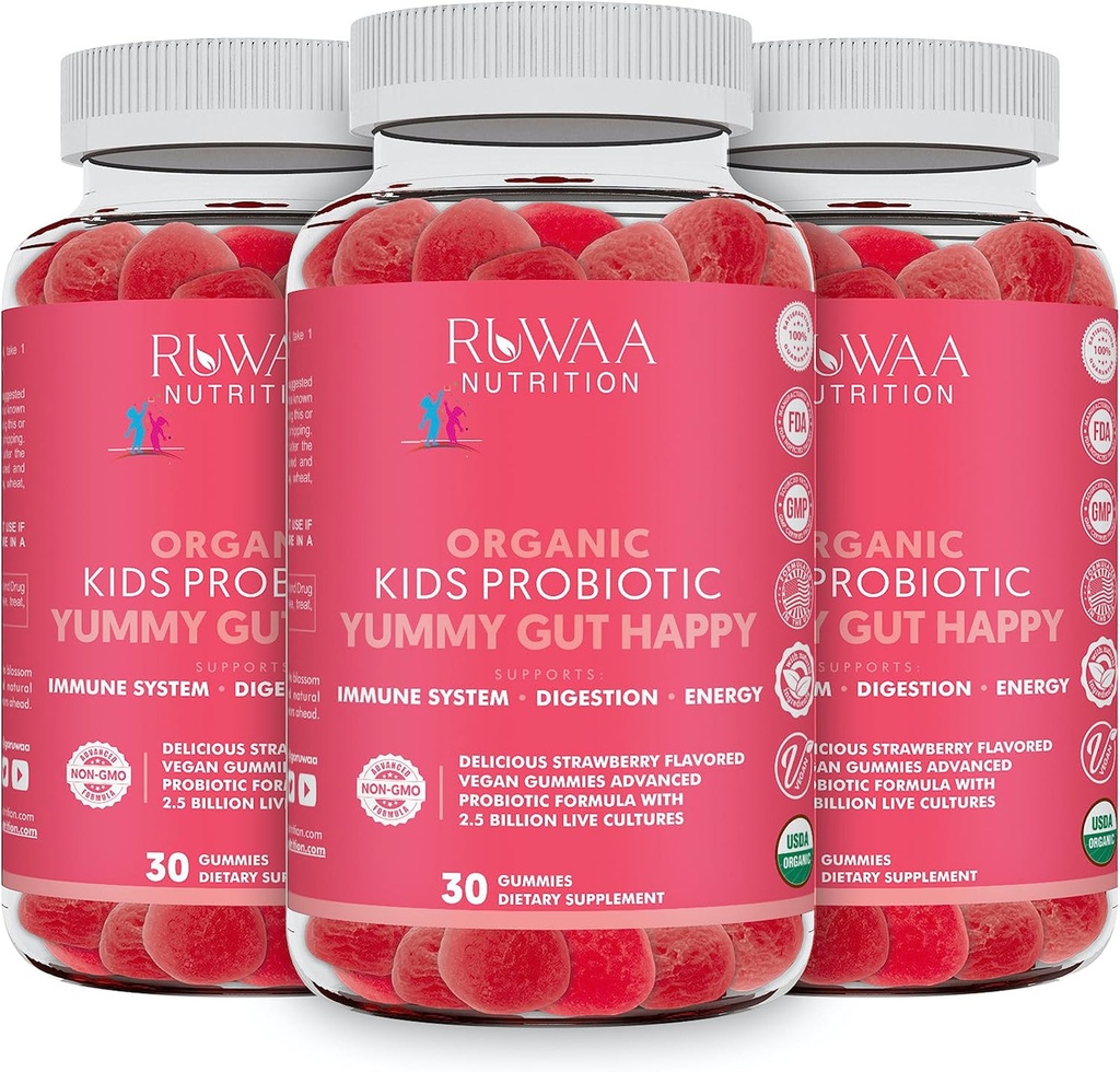 Kid Probiotic Gummies voor de spijsvertering gezondheid, Kauwbare dagelijkse probiotica voor kinderen leeftijden 4+. Orale zorg, buikklachten, Gut Health. Aardbei smaak, USDA Biologische, Probiotica voor kinderen 90ct (3)