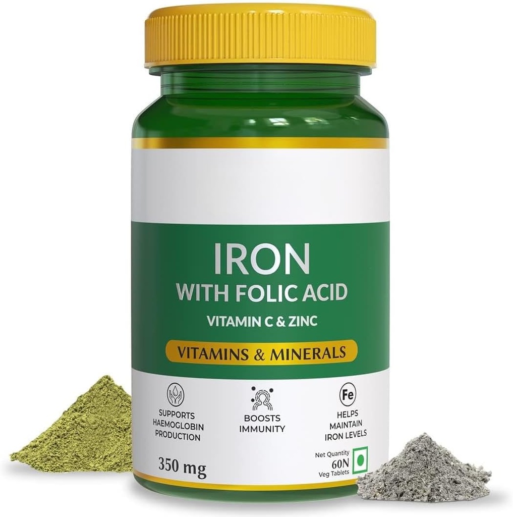 Natuurlijken IJzer met foliumzuur, zink, vitamine C & vitamine B12 ter ondersteuning van hemoglobineproductie, Boost Immunity & Maintain Iron Level - 60 Veg tabletten