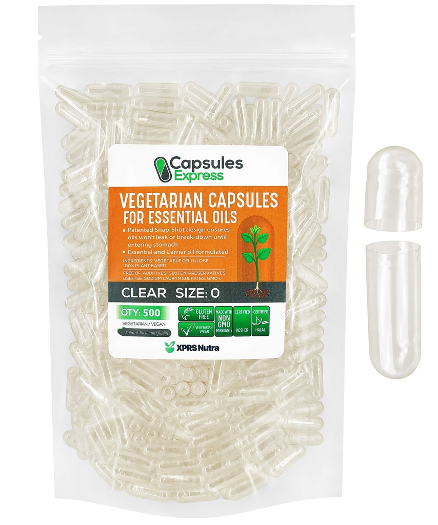 XPRS Nutra Taille 0 Capsules Vegan vides - 500 Compte Capsules Veggie claires pour les huiles essentielles - Vide légumes Do-It-Youlf bouchons de remplissage fonctionne avec la plupart des huiles essentielles