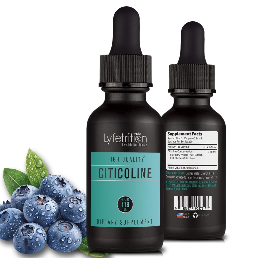 Lyfetrition Citicoline Liquid Drops 536 mg, 4 Oz Liquid, 220 Servings, Made in USA, Quick Absorption, Quality Potent Ingredients, Non-GMO, GMP Certified, Cruelty-Free Products