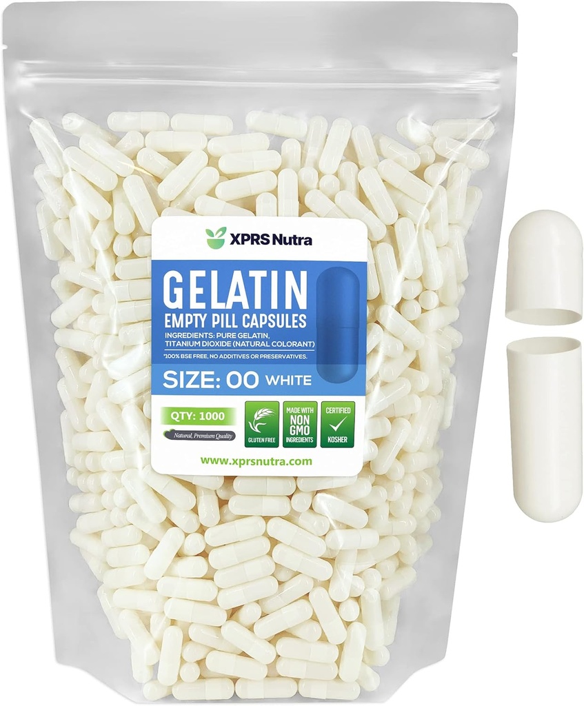XPRS Nutra Formaat 00 Lege Capsules - 1000 Telle Lege Gelatine Capsules - DIY Capsule Filling - Vulbare Pill Gel Caps voor Do-It-Yourself Supplements (White)