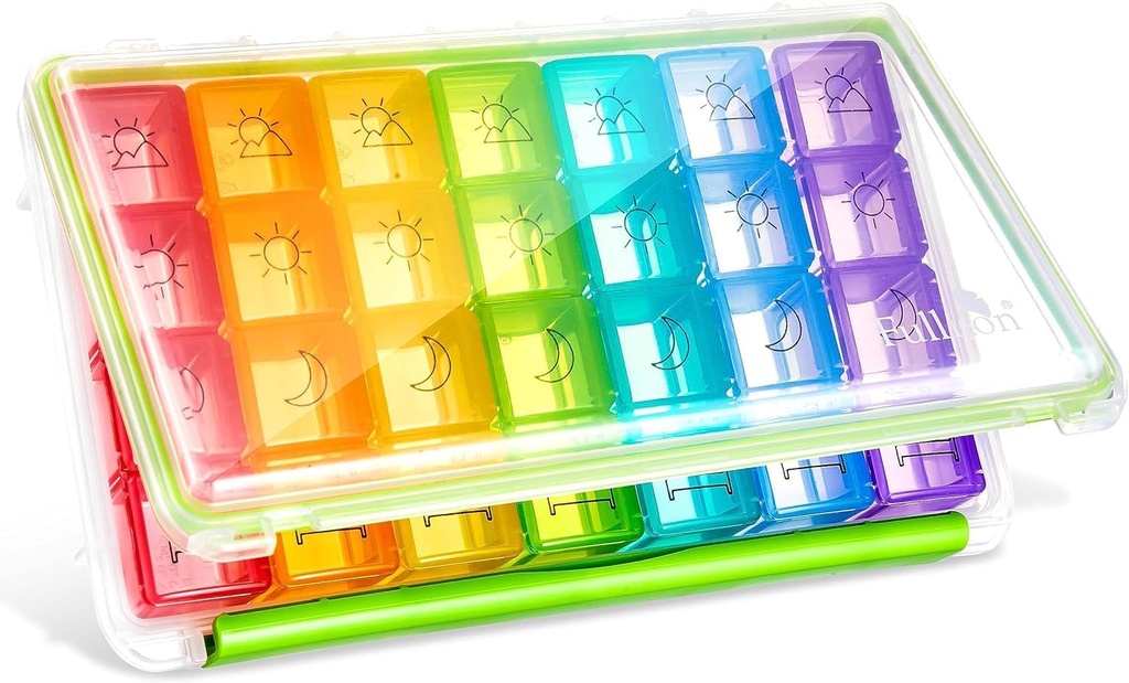 Fullicon Weekly Pill Organizer 4 keer per dag, Pill Box 7 Dag voor Reizen, Vocht-Proof Daily Pill Box Organizer, Grote Pill Case voor Geneeskunde, Vitamine, Visolie, en Supplement (Wissen en Groen)