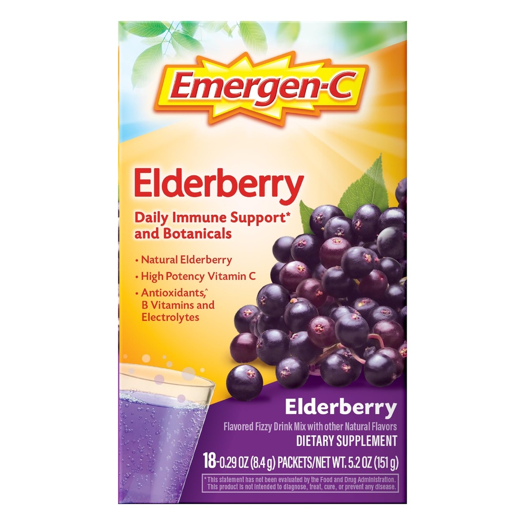 Emergen-C Vlierbessen Fizzy Drink Mix, Vlierbessen Immune Ondersteuning, Natuurlijke Smaken, Met Hoge Potentie Vitamine C, 18 Tellen