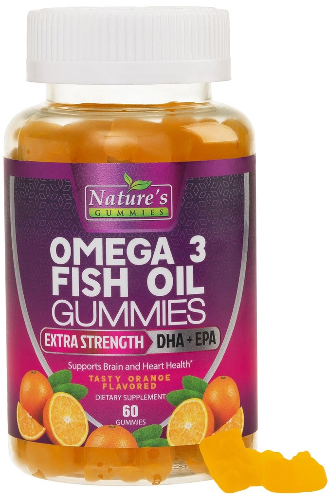 Omega 3 Fish Oil Gummies, Hart Gezonde Omega 3 Gummy Supplement met hoge absorptie DHA & EPA, Extra sterkte Joint & Hersen Ondersteuning, Heerlijke Oranje Smaak Visolie Natuur Vitamine - 60 Gummies