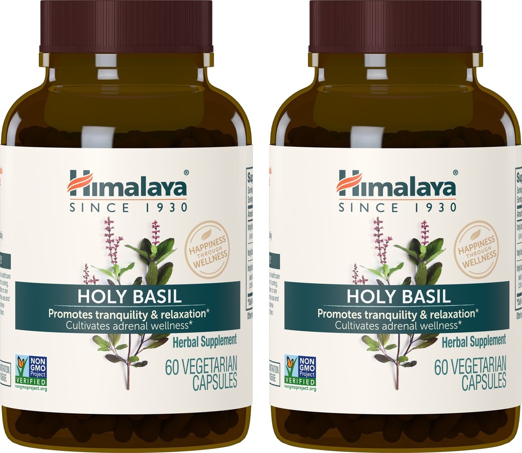 Himalaya Saint Basile, 60 jours d'approvisionnement - Herbal Adrénal Support pour le stress, la relaxation, le soutien énergétique et occasionnel sans sommeil - végétalien, non-OGM, sans gluten, 720 mg, 60 capsules, pack de 2