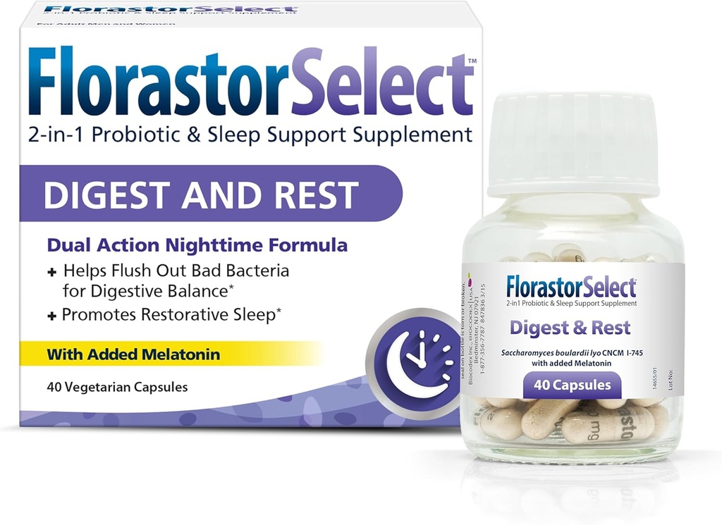 Florastor Probiotic Digest and Rest, Saccharomyces Boulardii Probiotica met Melatonine (4 mg), Natuurlijke Slaaphulp + Digestieve Ondersteuning, 40 Capsules