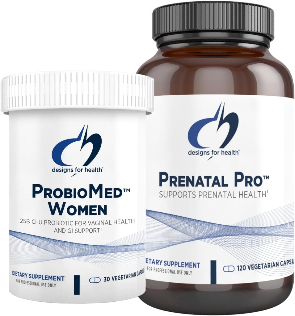 Designs for Health Prenatal & Probiotic Bundle - Prenatal Pro (180 Capsules) Prenatal Multivitamine with Folaat and Chelated Minerals & Probiomed Women (30 Capsules) Gut Health & Vaginaal Probiotic
