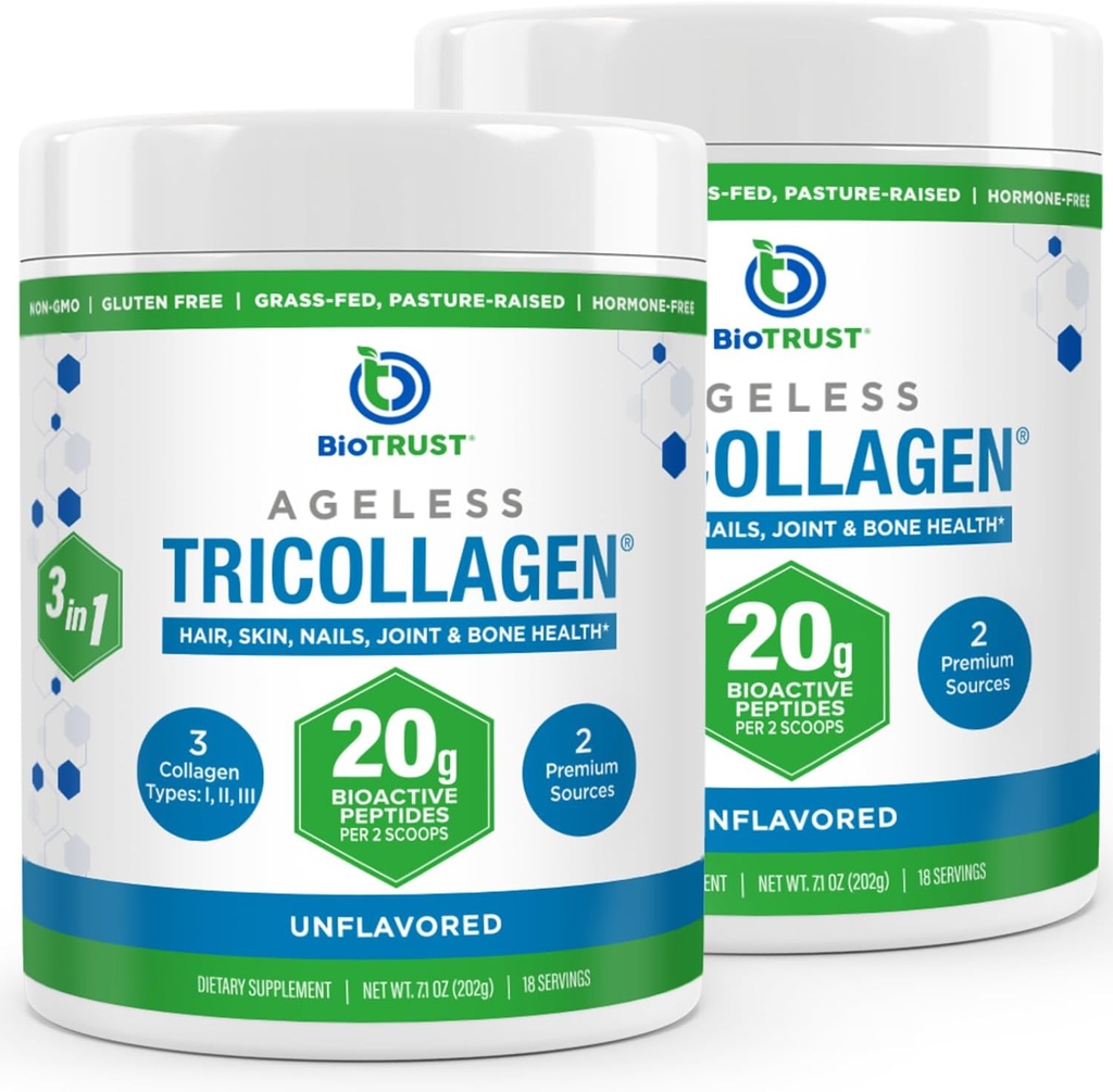 BioTrust Tri Collageen Powder - 3-in-1 Gehydrolyseerd Collageen Peptides Powder (Types I, II, & III) - Grass Fed Collageen Proteine Powder for Anti Aging, Skin, Hair, Bone & Joint Health - Unflavored, 2-Pack