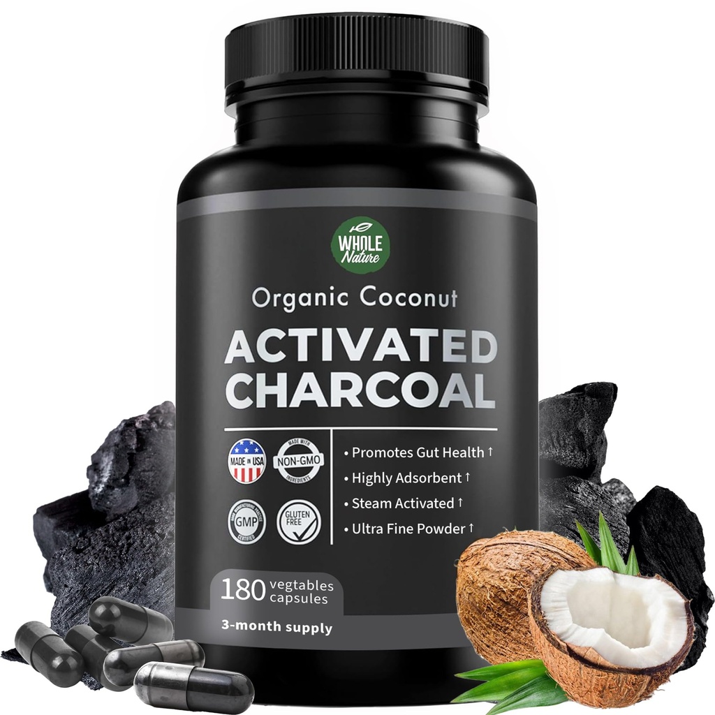 Pure Coconut Activated Charcoal Capsules - 180 pilules de Charcoal, aide à blanchir les dents, à gonfler et à nettoyer le corps. Non-OGM - Sans gluten, végétalien