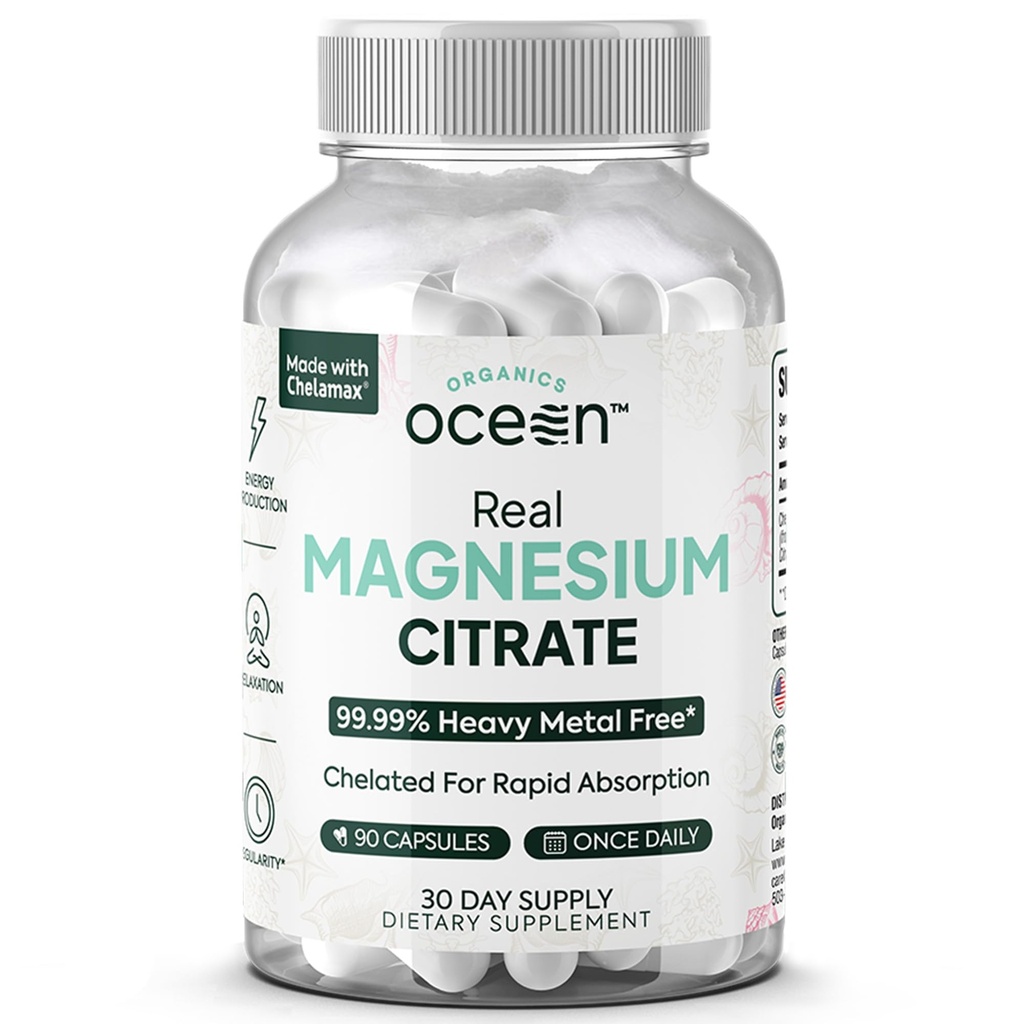 Organics Ocean Real Magnesium Citrate - Hoge Absorptie Magnesium Supplement - Gecheld Magnesium ter ondersteuning van energie, ontspanning en regelmatigheid