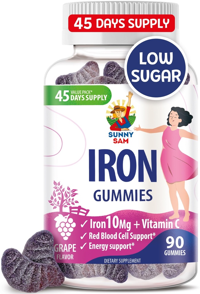 SUNNY SAM Gommies de fer pour les enfants et les adultes - Vitamines de fer avec vitamine C, 10mg par portion - Gommy de fruits à croquer pour immunosupporter la production de globules rouges